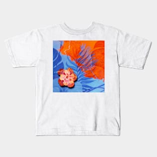 orange blue tropical flower and leaves Kids T-Shirt